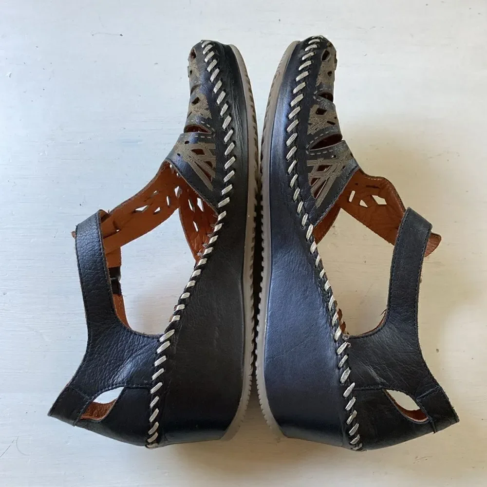 Biza Genuine Soft Leather Lazer Cutout T-Strap Wedge Shoes EUR  38